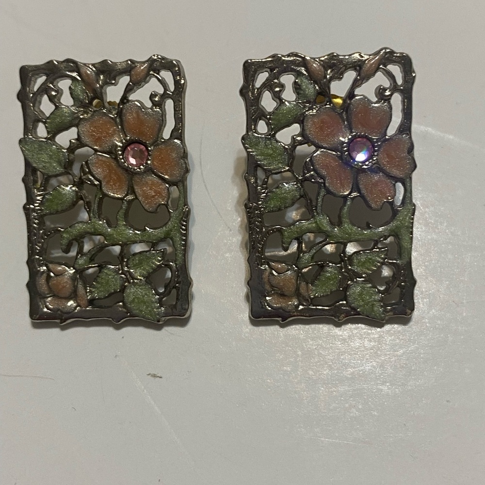 Floral Enamel Rectangle Drop Earrings - Pink and Green - Picture 3 of 5